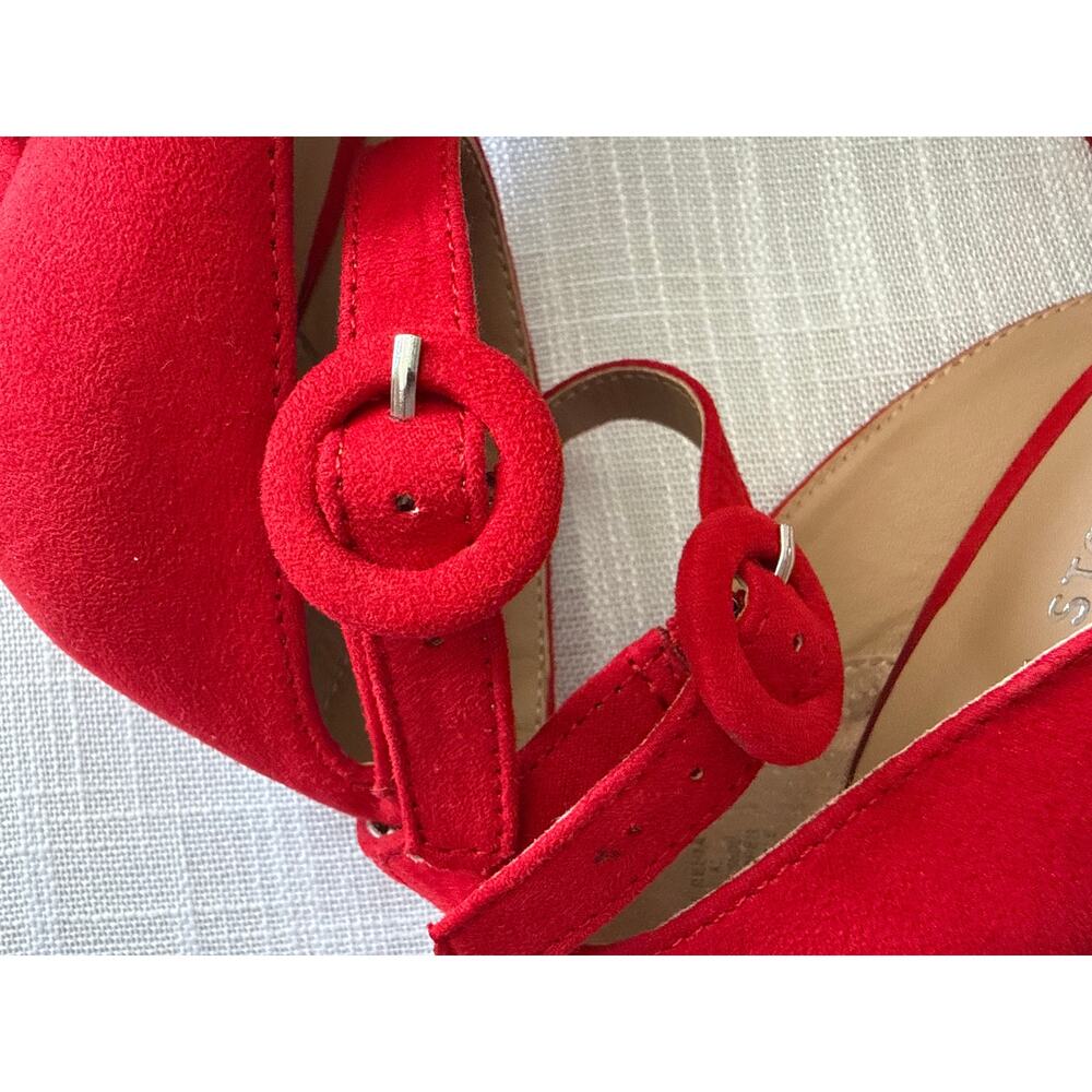 TSun + Stone Red Dress Heels w/ Ankle Strap Suede Sandals Block Heel 8.5 4inch - Picture 9 of 11